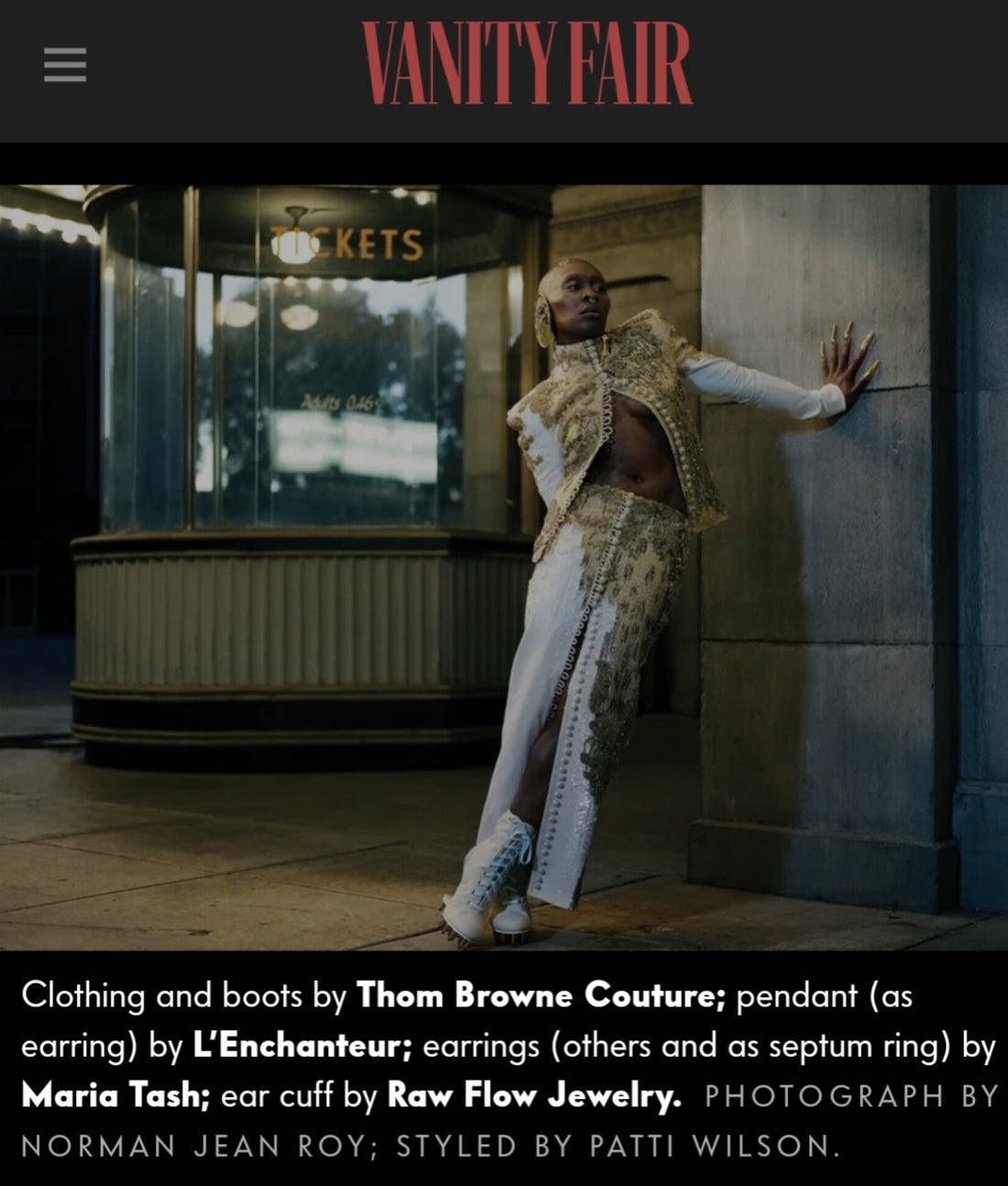 My ear cuff on Cynthia Erivo in stylizations Patti Wilson, photos Norman Jeanroy. For November 2024 Vanity Fair.