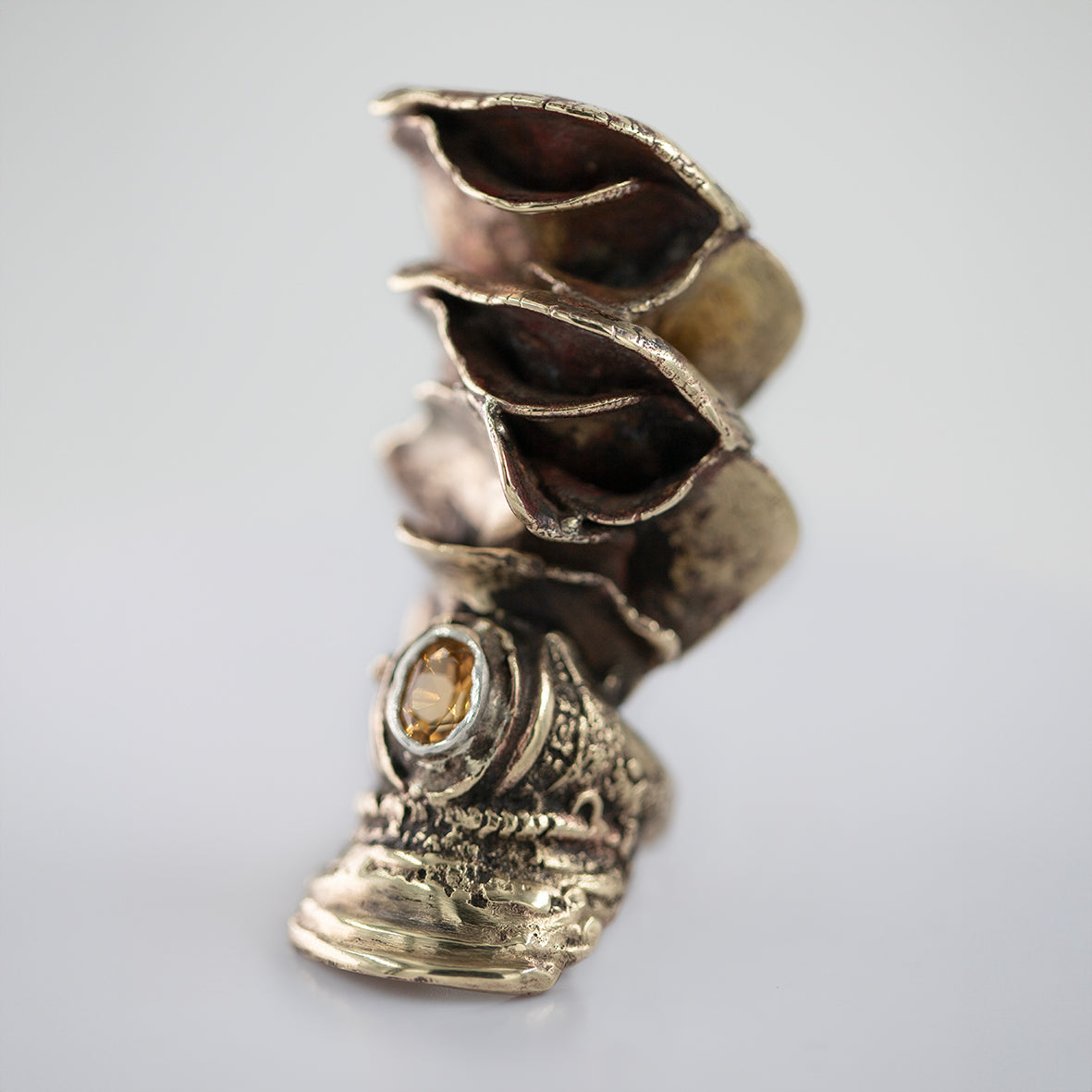 FU big version ring with citrine. Brass and silver. / Pierscien duzy z cytrynem. Mosiadz i srebro.